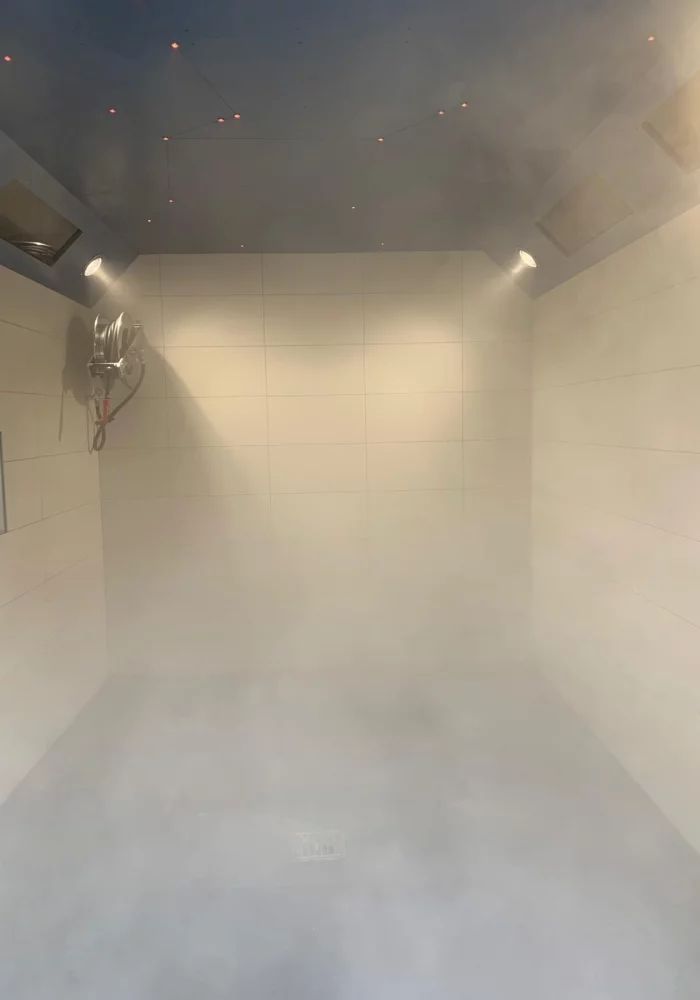 Brume saline diffusée dans un espace respiratoire équin