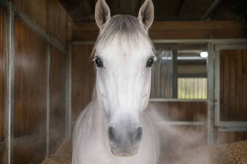 Cheval gris de face dans son box, entouré d'une légère brume d'inhalation