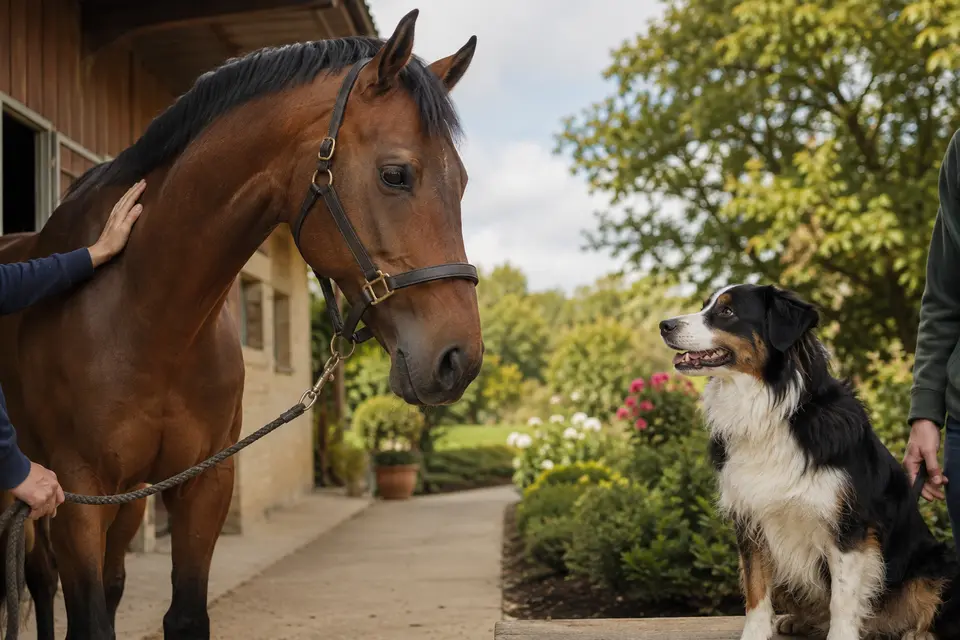 Un cheval dans une écurie claire et un chien dans un jardin