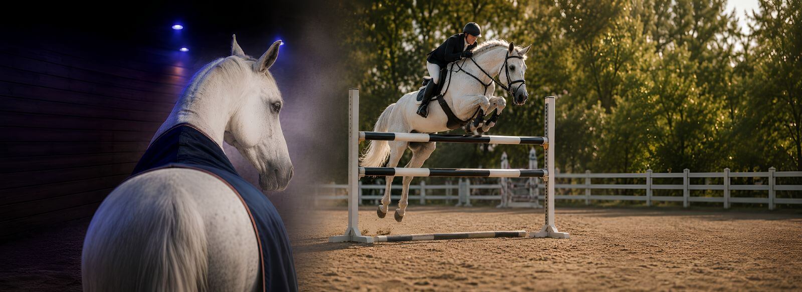 À gauche, un cheval au repos dans un espace respiratoire d'écurie ; à droite, le même cheval à l'obstacle en carrière