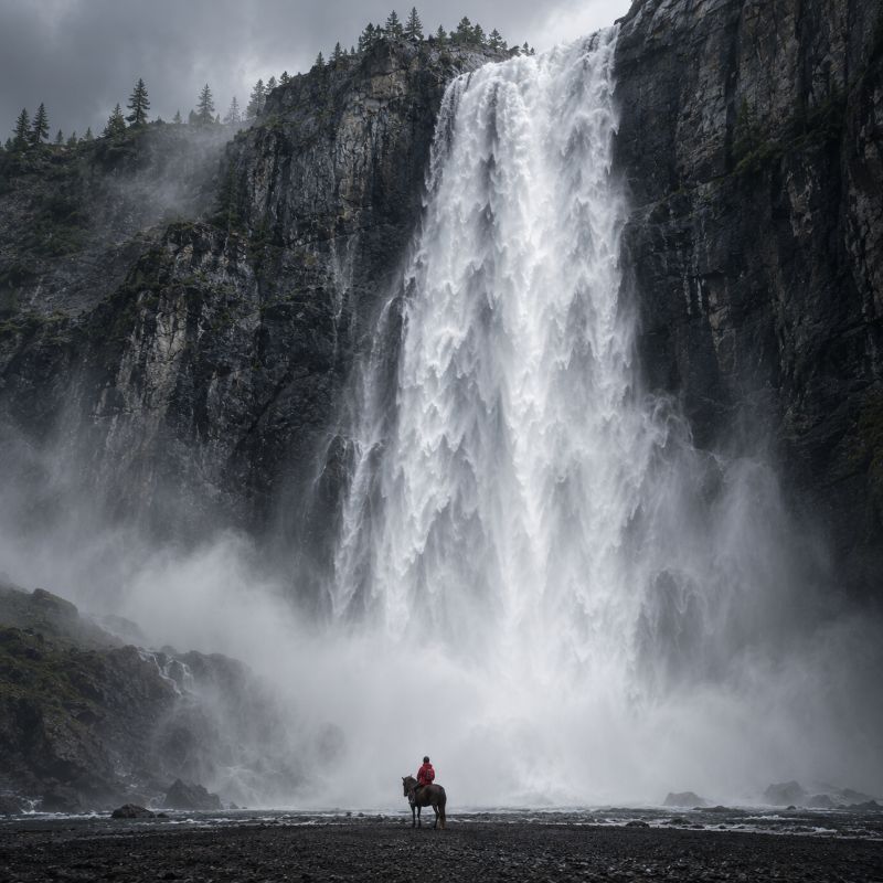 Cheval au pied d’une cascade illustrant l’ionisation négative