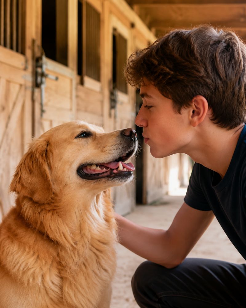 Chien regardant vers le haut, gueule entrouverte et dents visibles vers un garcon qui le regarde