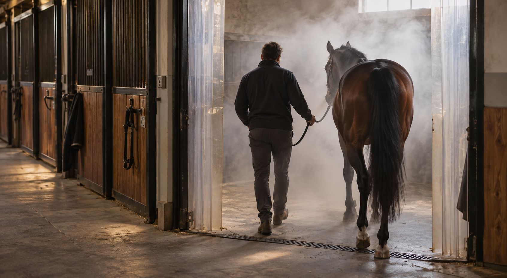 Cheval guidé dans un Espace de Soins Respiratoires EQUANDLAB à l’écurie