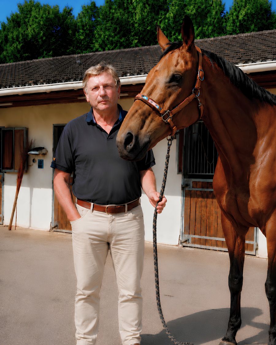 Le Dr Bernard Stoffel, vétérinaire fondateur d'EQUANDLAB, aux côtés d'un cheval devant les boxes